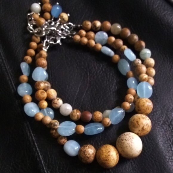 Marvelous 3 Bracelet Set! Aquamarine & Calm Desert Jasper Beads - Adjustable 7"+ - Picture 2 of 12